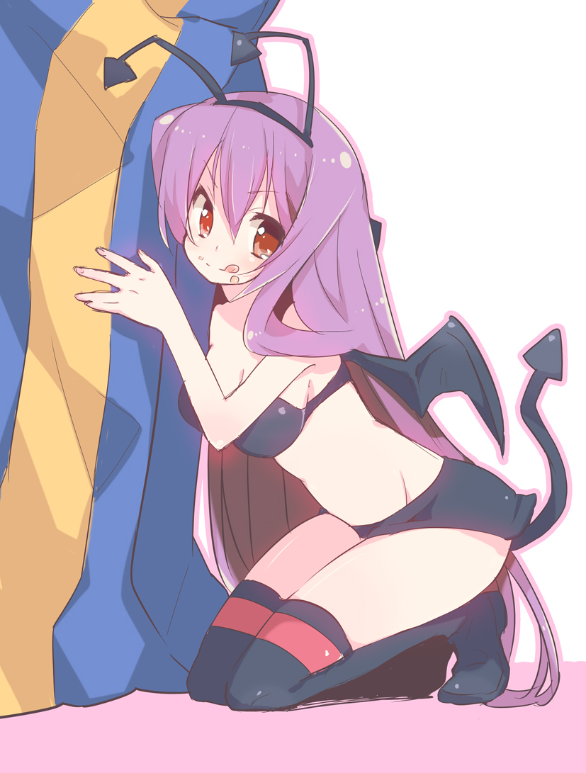 nakamura sandayo, original, :q, bat wings, demon girl, hairband, long hair, purple hair, red eyes, solo, tail, thighhighs, tongue, tongue out, wings