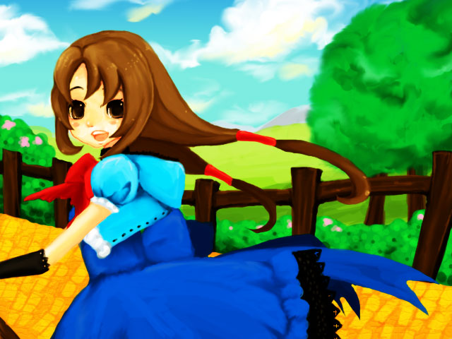 dorothy gale, dorothy gale (riz-zoawd), media.vision, riz-zoawd, the wizard of oz, artist request, 1girl, 2010, artist name, blue dress, bow, bowtie, brown eyes, brown hair, dress, female focus, long hair, long skirt, skirt