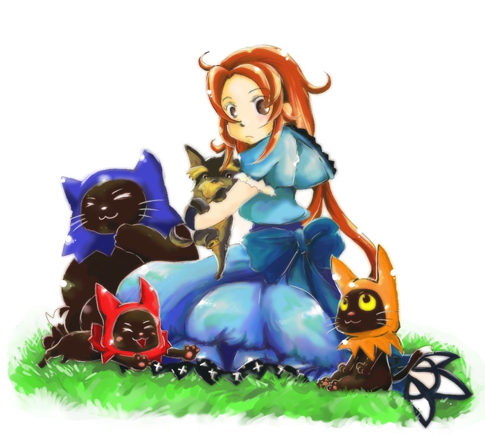 dorothy gale, dorothy gale (riz-zoawd), toto (the wizard of oz), media.vision, riz-zoawd, the wizard of oz, artist request, 1girl, 2009, animal ears, artist name, blue dress, bow, bowtie, brown eyes, brown hair, cat, cat ears, cat tail, dog, dress, female focus, long hair, long skirt, sitting, skirt, tail