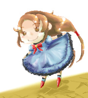 dorothy gale, dorothy gale (riz-zoawd), media.vision, riz-zoawd, the wizard of oz, artist request, 1girl, 2009, artist name, blue dress, bow, bowtie, brown eyes, brown hair, chibi, dress, female focus, long hair, long skirt, skirt