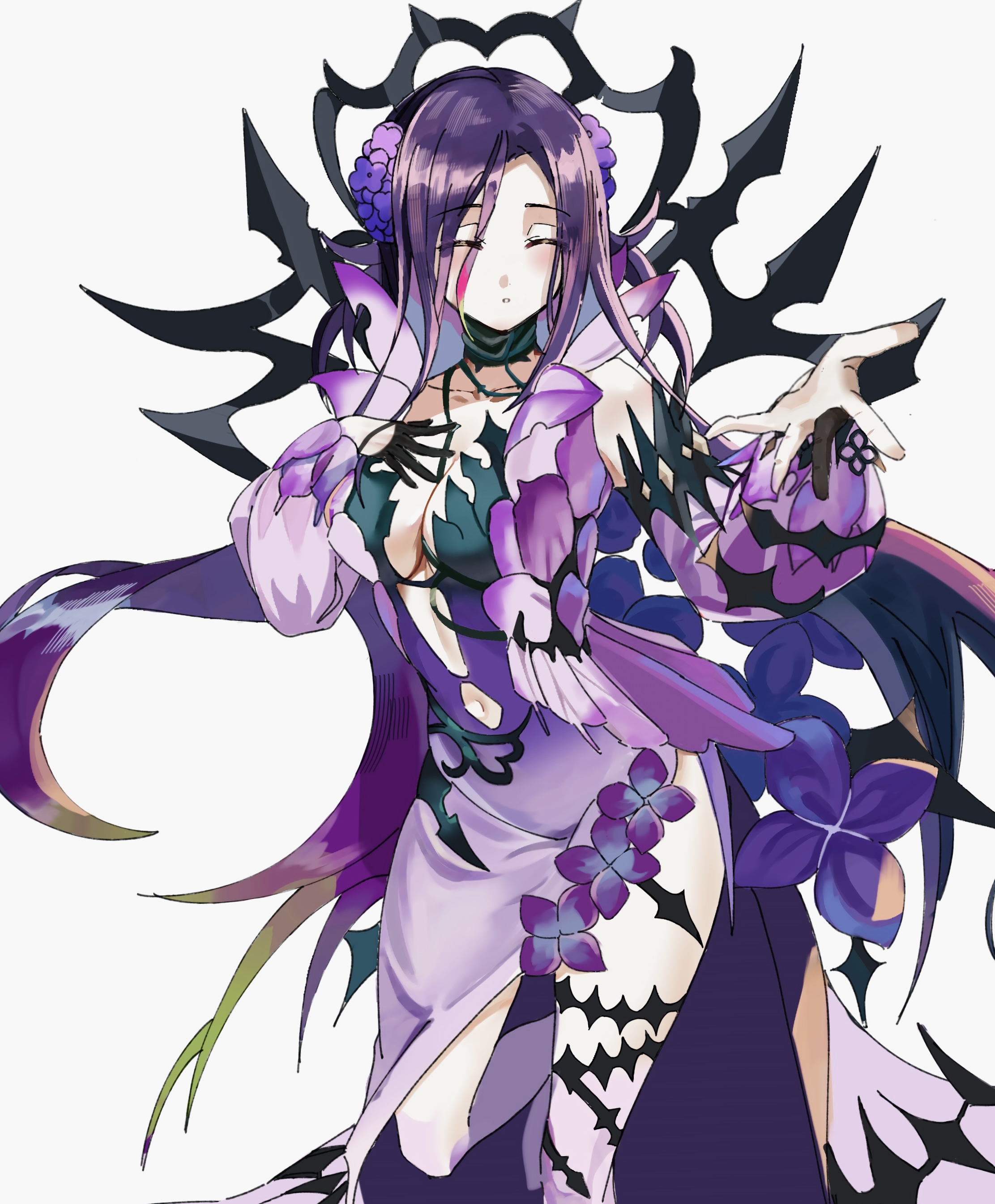 lilac fairy (grimms notes), grimms notes, 1girl, breasts, closed eyes, collarbone, dress, facing viewer, flower, green hair, lilac, long hair, multicolored hair, purple dress, simple background, solo, user zvrp3557, very long hair, white background