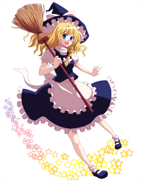 moko ko, kirisame marisa, touhou, bad id, bad pixiv id, 1girl, blonde hair, blue eyes, braid, broom, female focus, full body, hat, mary janes, shoes, short hair, skirt, solo, white background, witch, witch hat