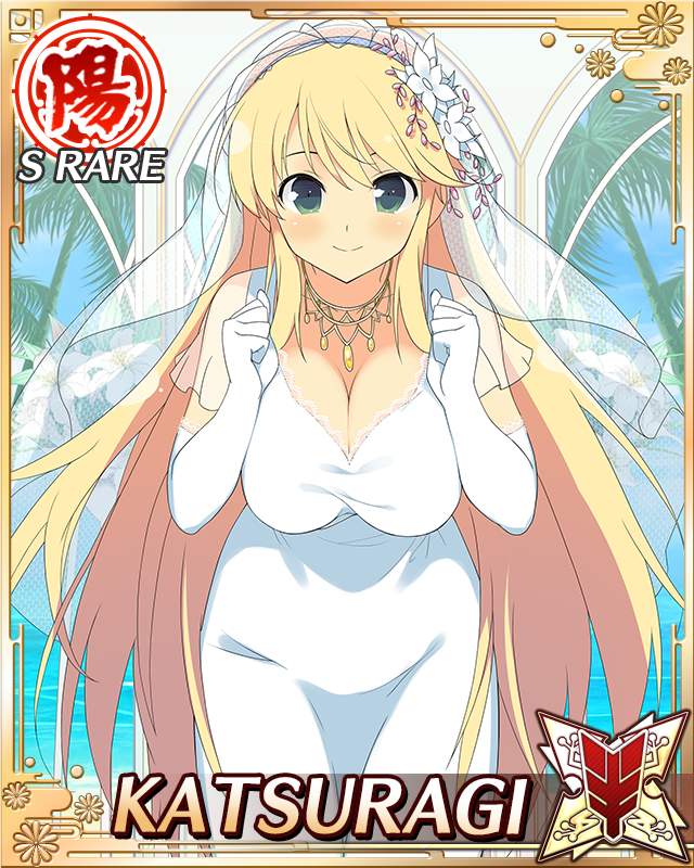 katsuragi (senran kagura), senran kagura, senran kagura new wave, game cg, official art, third-party source, 1girl, blonde hair, border, breasts, bridal veil, bride, card (medium), character name, cleavage, closed mouth, dress, elbow gloves, flower, gloves, green eyes, hair flower, hair ornament, jewelry, large breasts, leaning forward, long hair, looking at viewer, necklace, ocean, smile, solo, veil, very long hair, wedding, wedding dress, white dress, white flower, white gloves