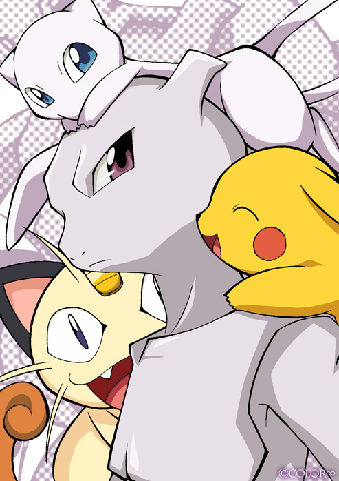 xruka, meowth, mew (pokemon), mewtwo, pikachu, nintendo, pokemon, bad id, bad pixiv id, frown, gen 1 pokemon, legendary pokemon, mythical pokemon, no humans, pokemon (creature), smile