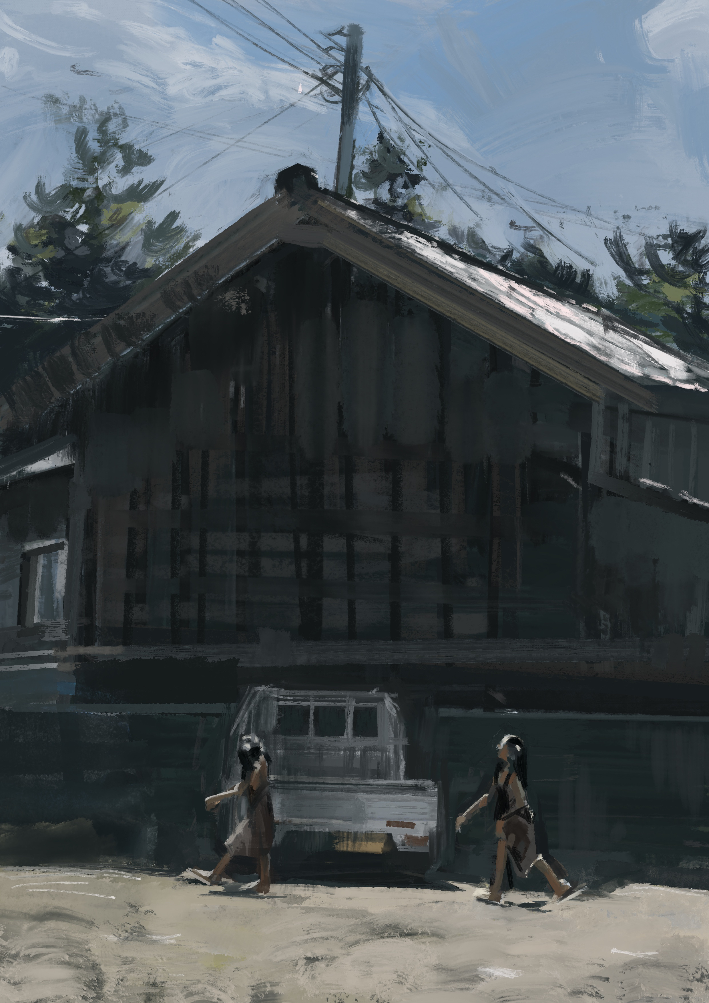 katakai, original, absurdres, commentary request, highres, oil painting (medium), painting (medium), traditional media, 2girls, bare arms, bare legs, barefoot, black hair, blue sky, brown dress, cabin, cloud, dark-skinned female, dark skin, day, dress, faux traditional media, kei truck, long dress, long hair, motor vehicle, multiple girls, outdoors, pickup truck, power lines, scenery, sky, sleeveless, sleeveless dress, tree, truck, wide shot