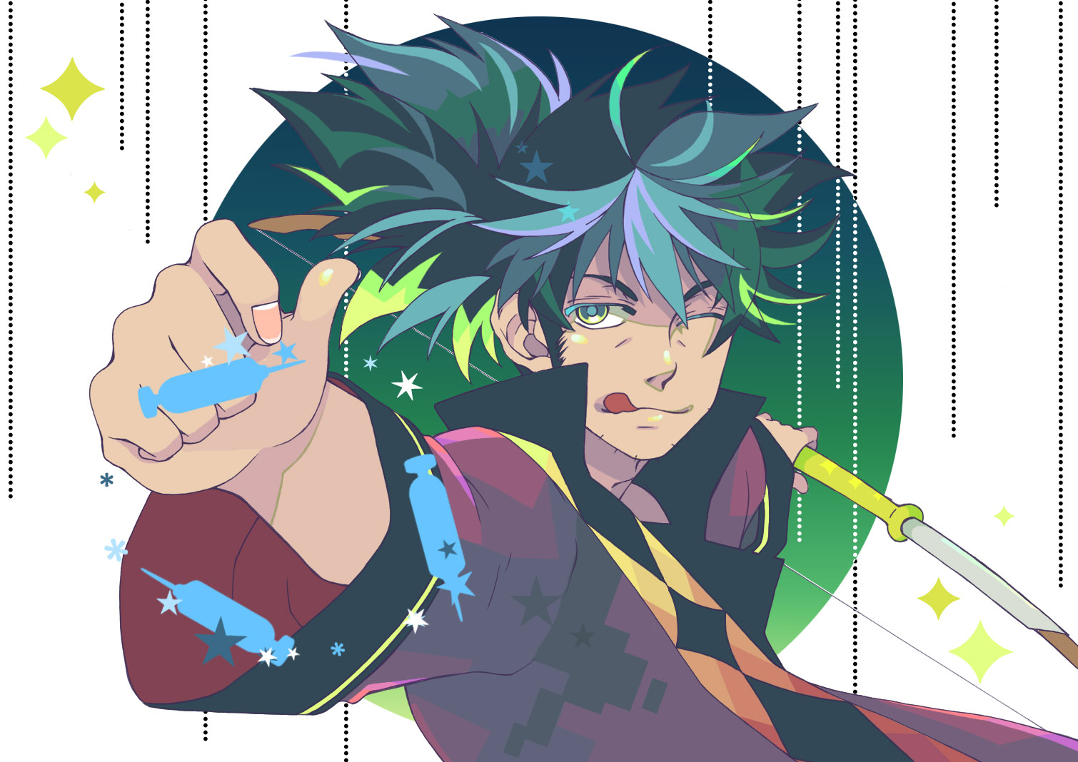 yutaka daichi, raven (tales), tales of (series), tales of vesperia, 00s, 1boy, black hair, bow (weapon), green eyes, male focus, one eye closed, ponytail, solo, weapon, wink