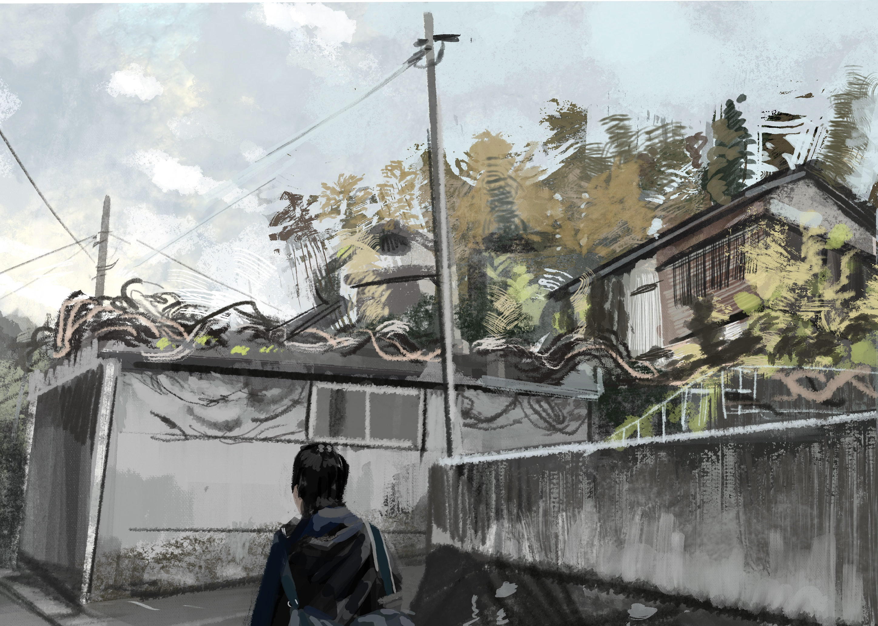 katakai, original, commentary request, highres, 1girl, bag, black hair, blue bag, blue hoodie, blue sky, cloud, day, door, from behind, hood, hood down, hoodie, house, leaf, long hair, long sleeves, one-hour drawing challenge, outdoors, overgrown, power lines, railing, road, scenery, school bag, sidewalk, sky, smoke, solo, street, tree, upper body, walking, window