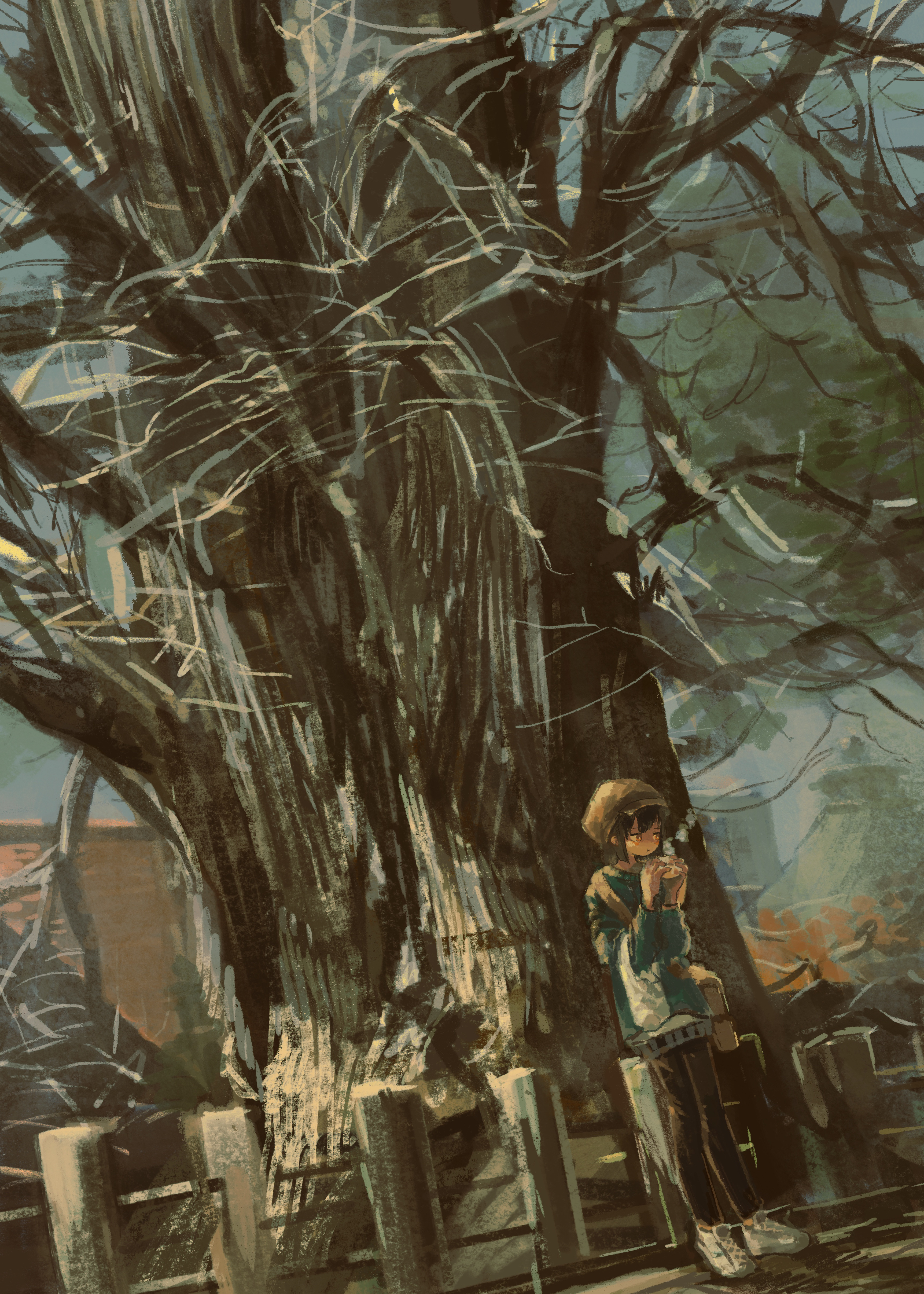 katakai, original, absurdres, commentary request, highres, 1girl, :o, bag, bare tree, black pants, blue sky, blue sweater, building, cup, day, drink, drinking, dutch angle, fence, full body, hat, holding, holding drink, newsboy cap, outdoors, pants, parted lips, pine tree, scenery, shadow, shoes, shoulder bag, sky, sneakers, solo, standing, steam, sweater, teacup, tree, white bag, white shoes, yellow eyes, yellow hat