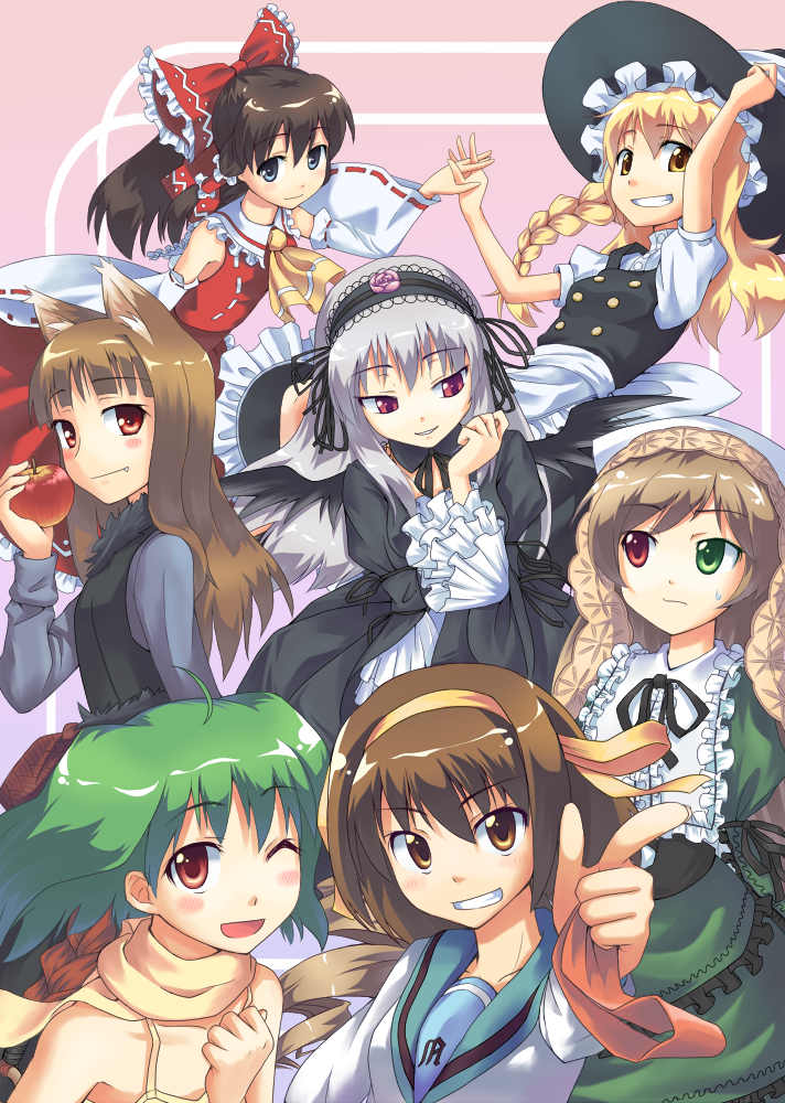 hakkaku shikimi, hakurei reimu, holo, kirisame marisa, ranka lee, suigintou, suiseiseki, suzumiya haruhi, macross, macross frontier, rozen maiden, spice and wolf, suzumiya haruhi no yuuutsu, touhou, silver hair, 00s, 6+girls, animal ears, apple, armband, blonde hair, bow, braid, brown eyes, brown hair, crossover, detached sleeves, dress, fang, food, fruit, green eyes, green hair, hairband, hat, heterochromia, japanese clothes, long hair, miko, multiple crossover, multiple girls, one eye closed, red eyes, school uniform, serafuku, short hair, twintails, very long hair, wings, wink, witch, witch hat, wolf ears, yellow eyes