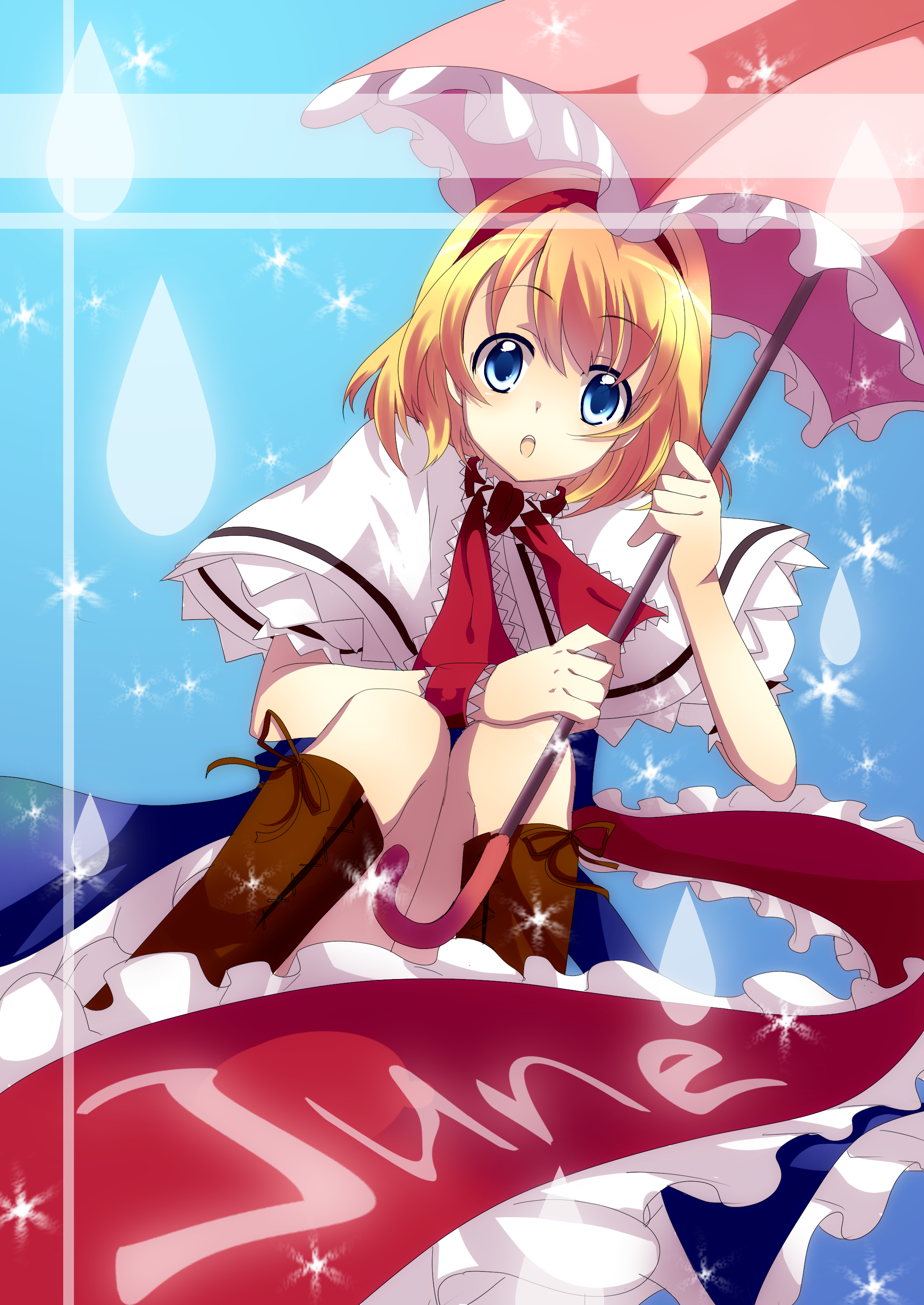 lacie, alice margatroid, touhou, absurdres, bad id, bad pixiv id, highres, 1girl, blonde hair, blue eyes, female focus, hairband, ribbon, short hair, sitting, solo, umbrella