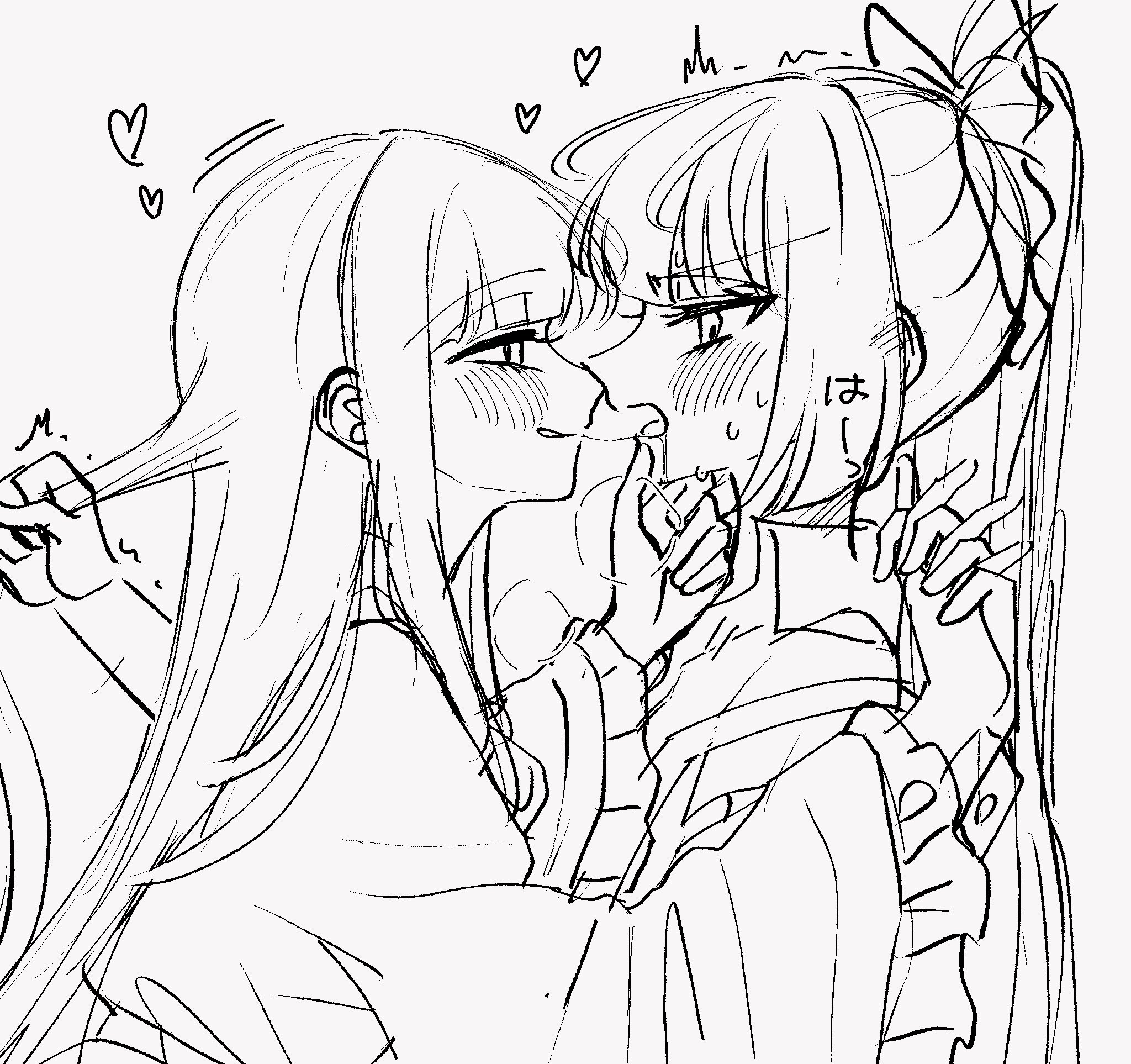 tamiko (tamik0224), fujiwara no mokou, houraisan kaguya, touhou, commentary request, highres, translation request, 2girls, after kiss, blush, bow, collared shirt, drooling, eye contact, frilled sleeves, frills, greyscale, hair bow, hand on another's chin, heart, holding another's hair, holding hands, interlocked fingers, long sleeves, looking at another, monochrome, multiple girls, ponytail, saliva, saliva trail, shirt, sketch, trembling, wide sleeves, yuri