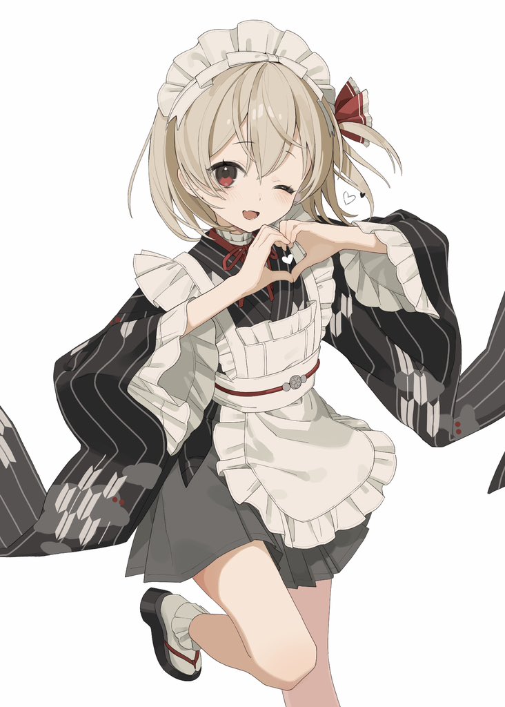 rcs 4, rumia, touhou, hashtag-only commentary, 1girl, ;d, alternate costume, apron, black kimono, black skirt, blonde hair, bow, enmaided, fang, hair between eyes, hair bow, heart, heart hands, japanese clothes, kimono, long sleeves, looking at viewer, maid, neck ribbon, obi, obijime, okobo, one eye closed, open mouth, platform sandals, red bow, red eyes, red ribbon, ribbon, sandals, sash, short hair, simple background, skin fang, skirt, smile, socks, solo, standing, standing on one leg, wa maid, white apron, white background, white sash, white socks, wide sleeves, yagasuri