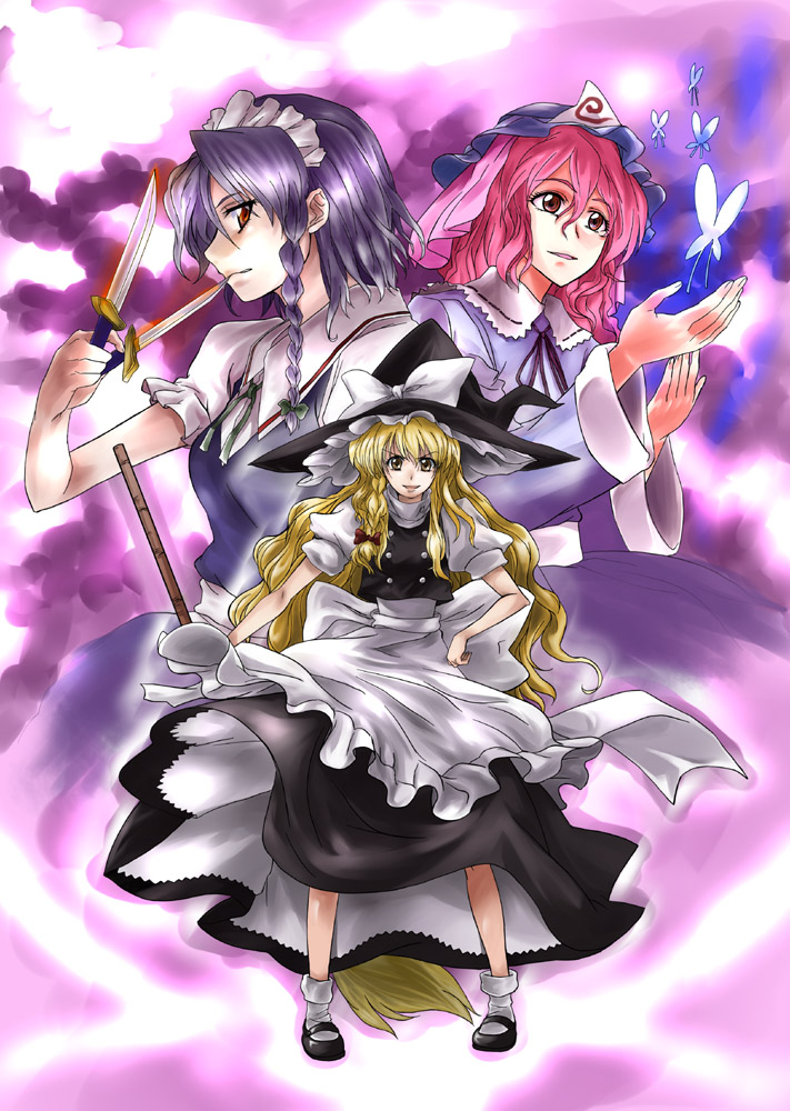 mikage nao, izayoi sakuya, kirisame marisa, saigyouji yuyuko, touhou, silver hair, bad id, bad pixiv id, 3girls, apron, blonde hair, braid, broom, bug, butterfly, female focus, full body, glowing, grin, hand on own hip, hat, knife, long hair, long skirt, looking afar, looking at viewer, maid, maid apron, maid headdress, mary janes, multiple girls, neck ribbon, petticoat, pink hair, profile, puffy sleeves, red eyes, ribbon, shoes, short hair, short sleeves, side braid, skirt, smile, socks, standing, triangular headpiece, twin braids, upskirt, very long hair, wide sleeves, witch, witch hat, yellow eyes
