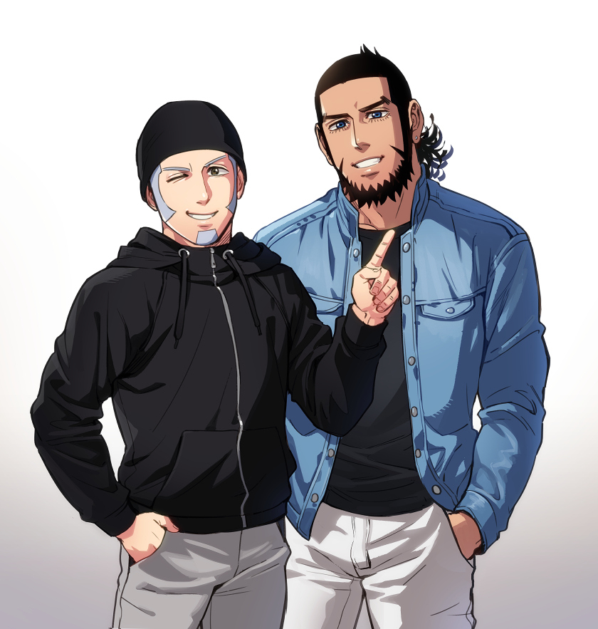 foxvulpine, kiroranke, shiraishi yoshitake, golden kamuy, commentary request, 2boys, beanie, beard, black hair, black hat, black jacket, black shirt, blue eyes, blue jacket, brown eyes, contemporary, cowboy shot, drawstring, eyelashes, facial hair, gradient background, grey pants, hand in pocket, hat, hood, hood down, jacket, male focus, mature male, multiple boys, one eye closed, pants, parted lips, shirt, short hair, v-shaped eyebrows, white pants