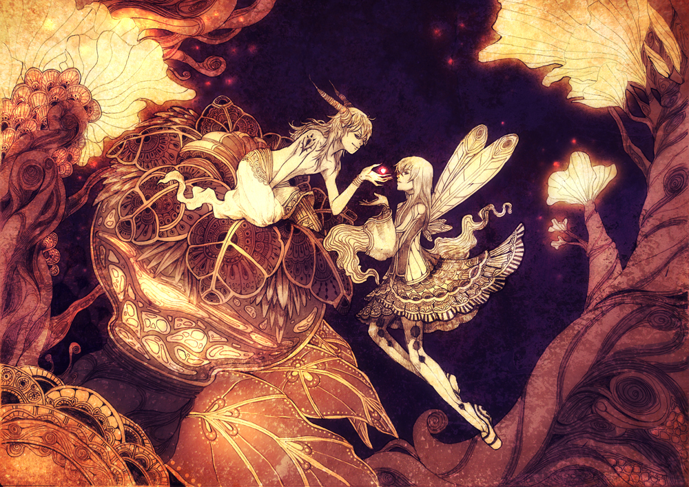 toonikun, original, 1boy, 1girl, demon, dress, fairy, forest, horns, nature, topless male, wings