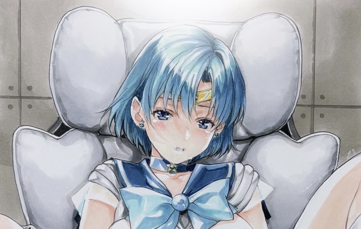 katsu (24791909), mizuno ami, sailor mercury, bishoujo senshi sailor moon, commentary request, cropped, marker (medium), paid reward available, traditional media, 1girl, blue choker, blue eyes, blue hair, blue ribbon, blue sailor collar, blush, chair, choker, circlet, clenched teeth, collarbone, indoors, looking at viewer, neck ribbon, on chair, ribbon, sailor collar, sailor senshi uniform, short hair, sitting, solo, tearing up, teeth