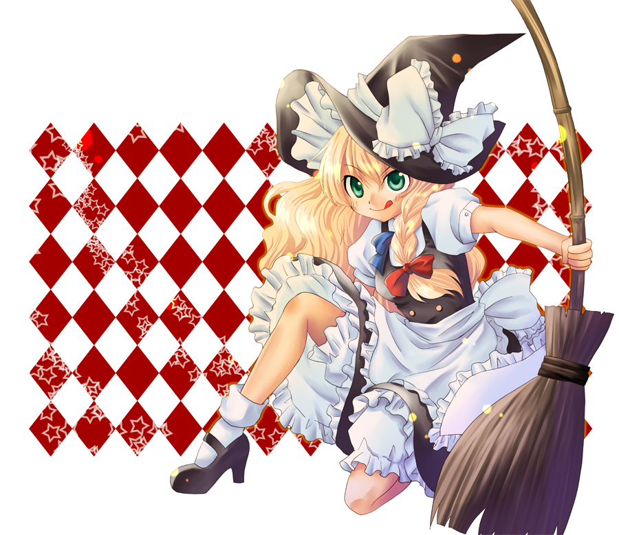 hashi moto, kirisame marisa, touhou, bad id, bad pixiv id, 1girl, :q, blonde hair, braid, broom, dress, female focus, green eyes, hat, high heels, long hair, mary janes, shoes, solo, tongue, tongue out, underwear, white background, witch, witch hat