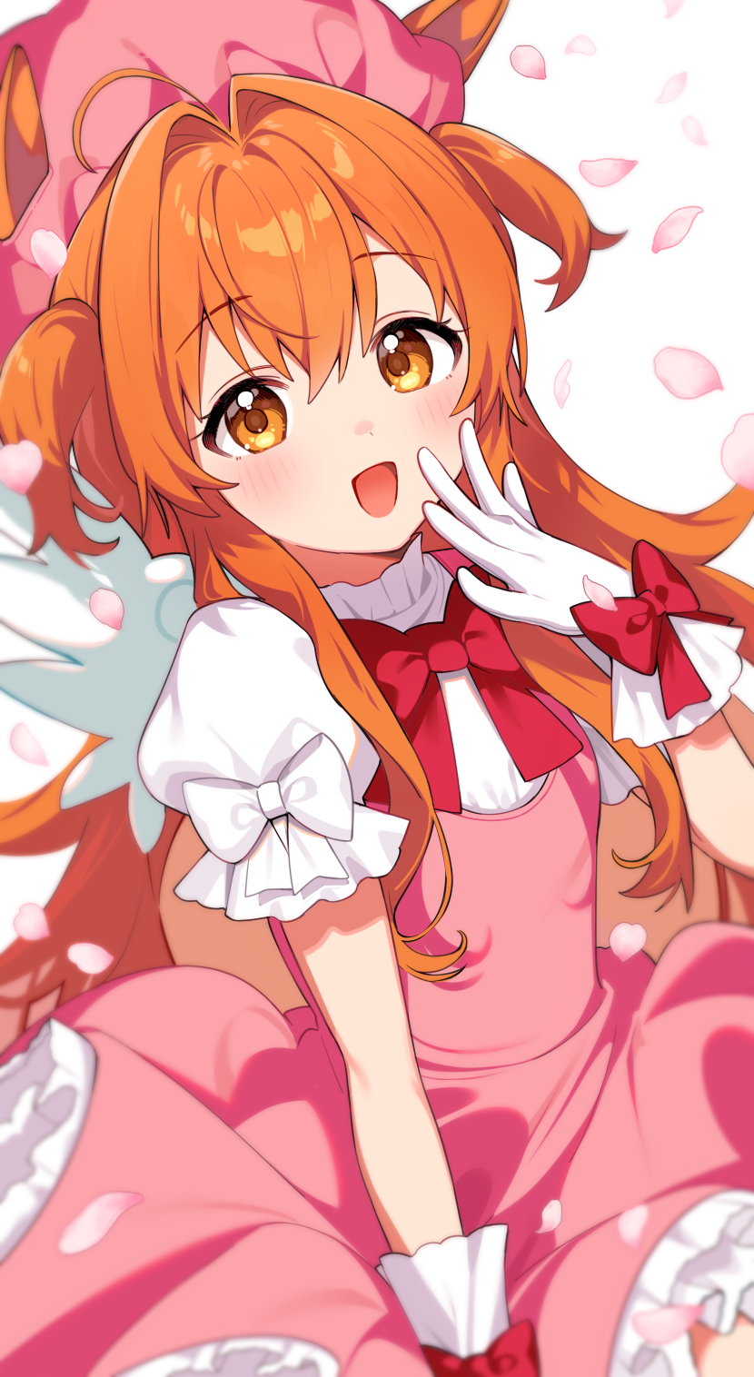 inuyama nanami, kinomoto sakura, kinomoto sakura (magician), mayano top gun (umamusume), cardcaptor sakura, umamusume, commentary, highres, 1girl, animal ears, blush, bow, breasts, cosplay, dress, ears through headwear, glove bow, gloves, hair between eyes, hat, horse ears, horse girl, horse tail, kinomoto sakura (cosplay), long hair, looking at viewer, magical girl, open mouth, orange eyes, orange hair, petals, pink dress, pink hat, puffy short sleeves, puffy sleeves, red bow, short sleeves, small breasts, smile, solo, tail, white gloves, wings