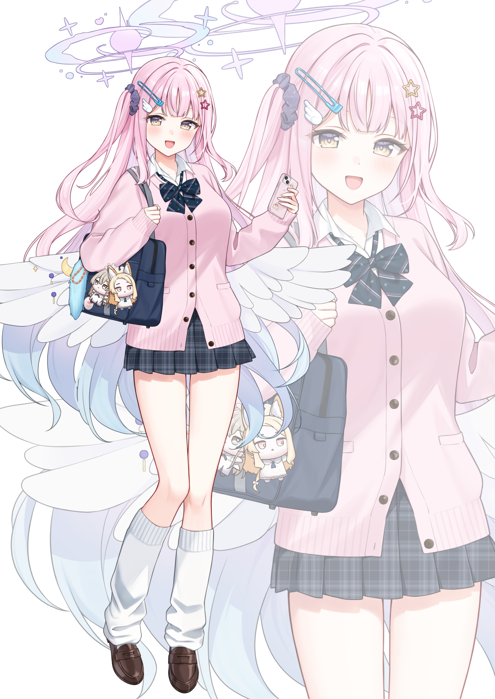 mochiko (uyu omochi), mika (blue archive), blue archive, 1gorl, absurdres, highres, alternate costume, alternate hairstyle, bag, black bow, black skirt, blue bag, blush, bow, brown shoes, cardigan, collared shirt, diagonal-striped bow, feathered wings, gyaru, hair ornament, hair scrunchie, halo, holding, holding bag, leg warmers, long hair, looking at viewer, one side up, open mouth, pink cardigan, pink hair, plaid clothes, plaid skirt, pleated skirt, purple halo, purple scrunchie, scrunchie, shirt, shoes, sidelocks, skirt, solo, striped bow, white leg warmers, white shirt, white wings, wings, yellow eyes, zoom layer