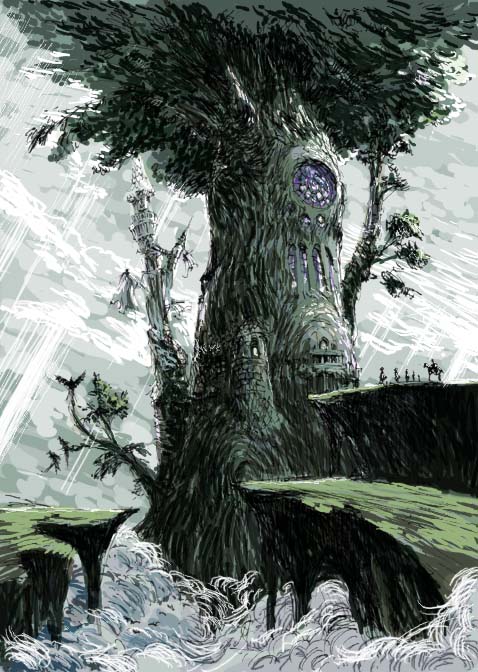 hirokazu, original, cliff, cloud, no humans, scenery, stained glass, tower, tree, waves