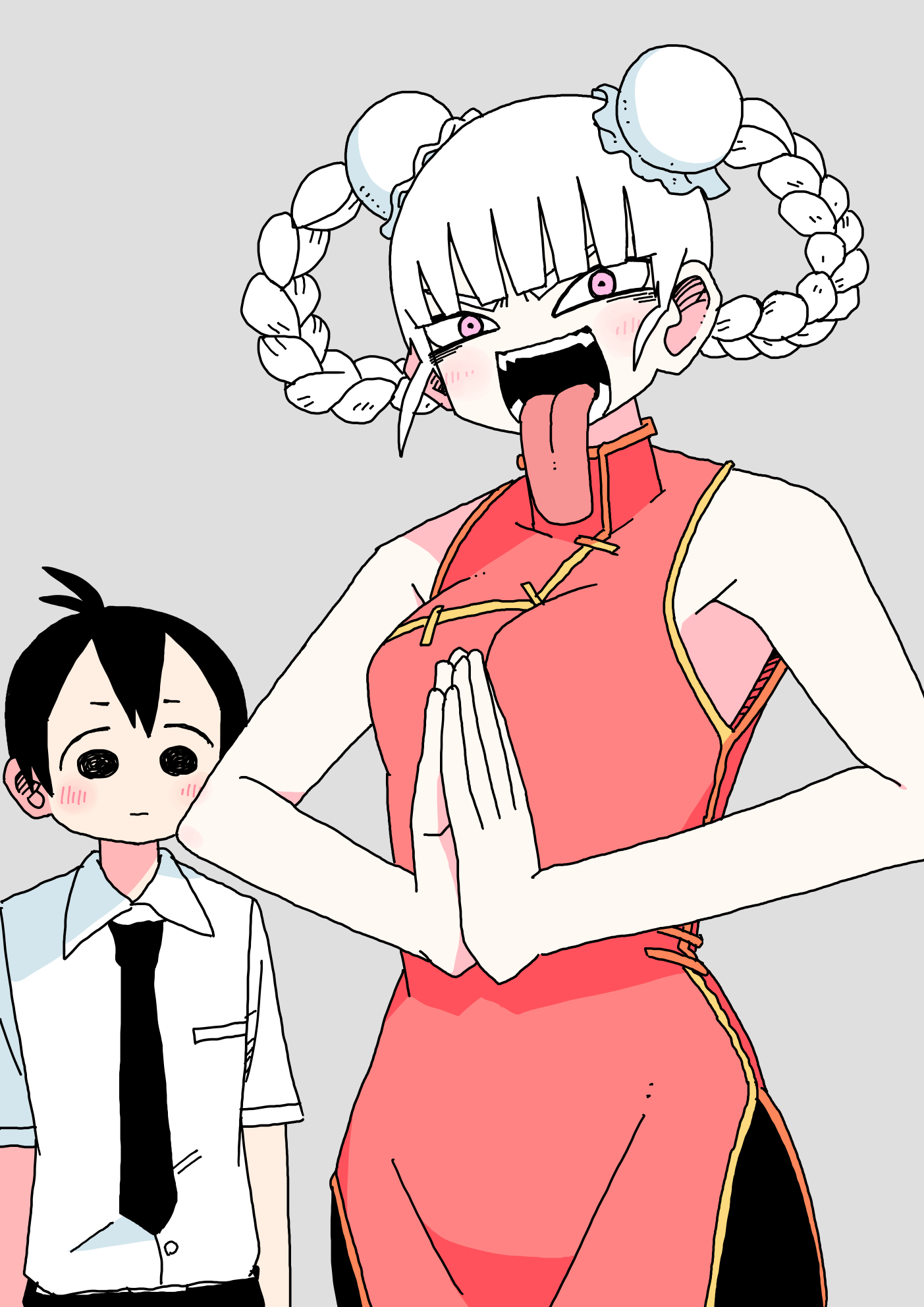 abe tomomi, original, highres, 1boy, 1girl, black eyes, black hair, blush, china dress, chinese clothes, chinese hairstyle, double bun, dress, grey background, hair bun, pantyhose, pink eyes, sharp teeth, short hair, teeth, tongue, tongue out, white hair