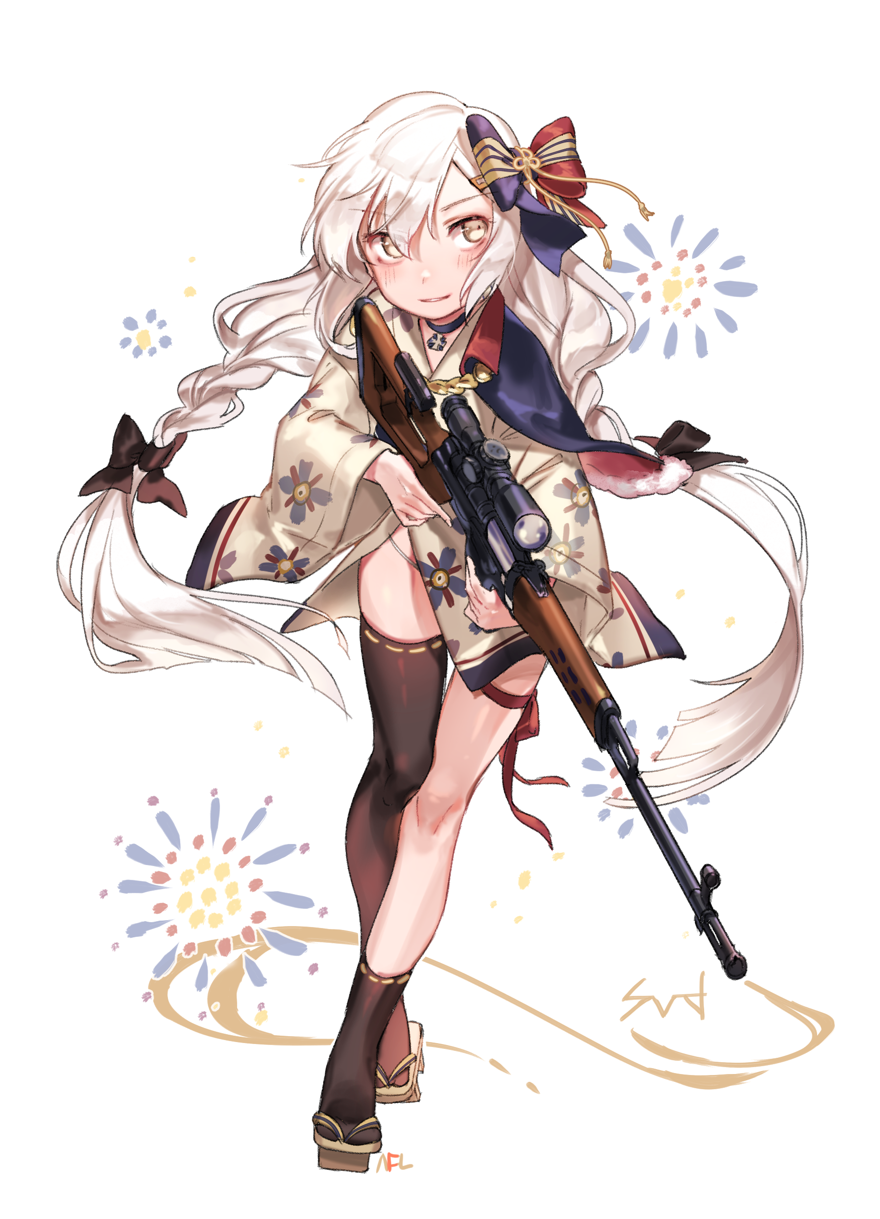shan, svd (girls' frontline), girls' frontline, absurdres, highres, dragunov svd, fireworks, floral print, grey eyes, gun, japanese clothes, jewelry, kimono, long hair, necklace, print kimono, rifle, smile, sniper rifle, solo, weapon, white hair