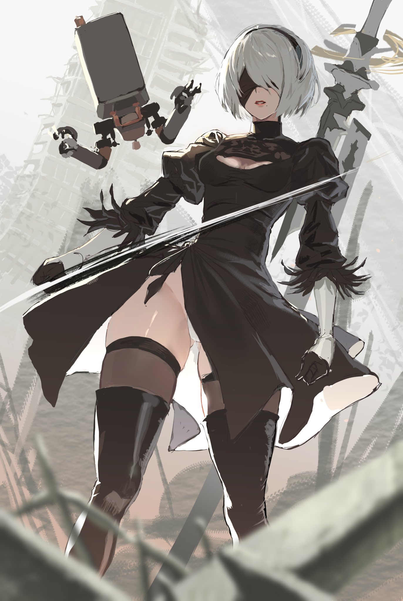 2b (nier:automata), pod (nier:automata), nier:automata, nier (series), highres, 1girl, ass, black dress, black gloves, black hairband, black thighhighs, blindfold, boots, breasts, city, cleavage, cleavage cutout, clothing cutout, covered eyes, day, dress, drone, dutch angle, feather-trimmed sleeves, feather trim, feet out of frame, gloves, gluteal fold, hairband, highleg, highleg leotard, holding, holding sword, holding weapon, juliet sleeves, katana, leotard, leotard peek, long sleeves, mole, mole under mouth, nekoyana, outdoors, parted lips, puffy sleeves, robot, scenery, short hair, solo, standing, sword, thighhighs, thighhighs under boots, thong leotard, virtuous contract, virtuous treaty, weapon, white hair, white leotard