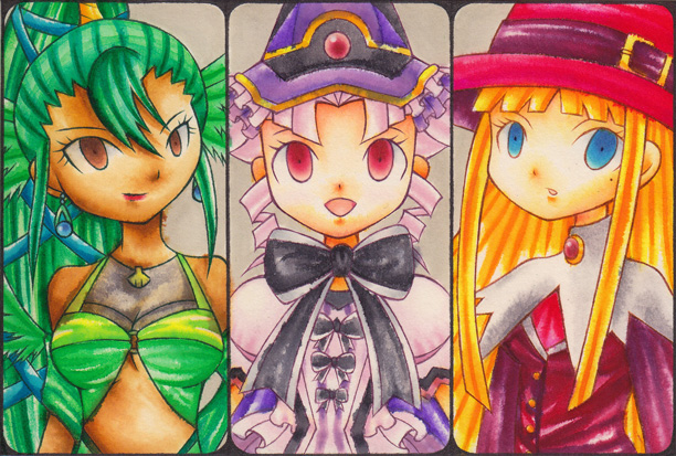 holly (riz-zoawd), riz-zoawd, the wizard of oz, artist request, 2011, 3girls, artist name, blonde hair, blue eyes, bow, bowtie, breasts, brown eyes, cleavage, dark-skinned female, dark skin, female focus, gem, green hair, hat, large breasts, long hair, multiple girls, old art, open mouth, pink hair, ponytail, red eyes, twintails, witch, witch hat