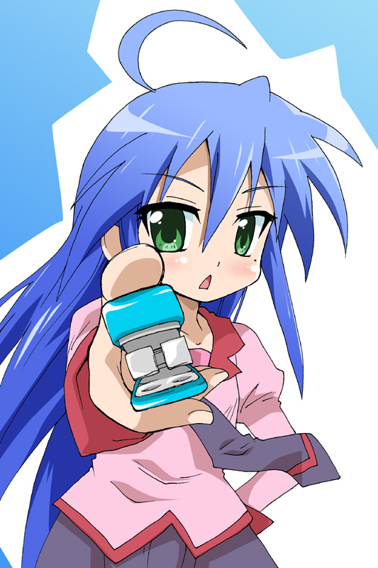 mukaibi aoi, izumi konata, senjougahara hitagi, bakemonogatari, lucky star, monogatari (series), 1girl, ahoge, blue hair, cosplay, female focus, foreshortening, green eyes, hand on own hip, hip focus, long hair, mole, mole under eye, necktie, parody, senjougahara hitagi (cosplay), solo, stapler