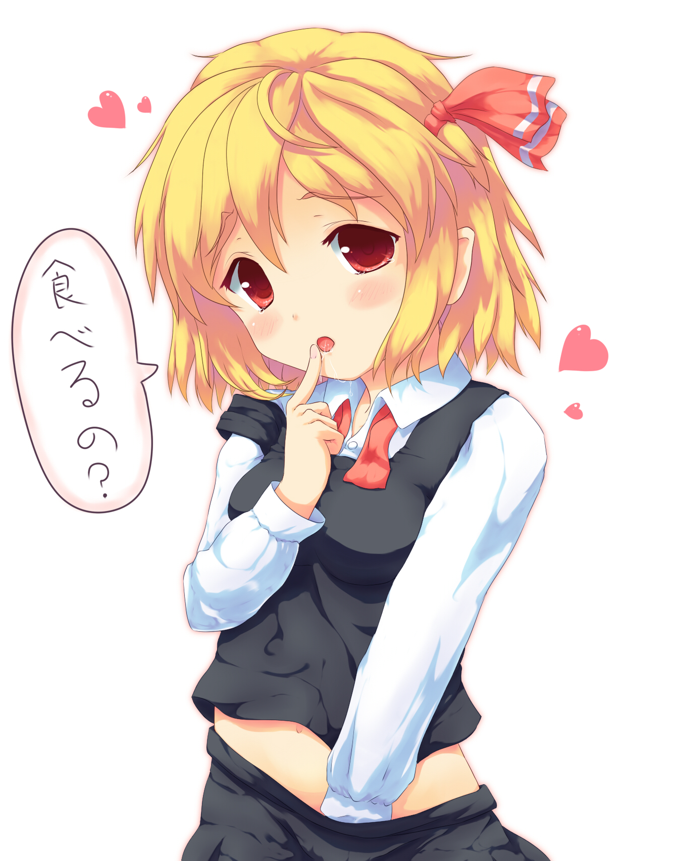muneyuki, rumia, embodiment of scarlet devil, touhou, bad id, bad pixiv id, highres, translated, blonde hair, blush, female focus, female masturbation, fingering, hair ribbon, hand in skirt, hand under clothes, heart, loli, masturbation, midriff, naughty face, open mouth, red eyes, ribbon, saliva, short hair, solo