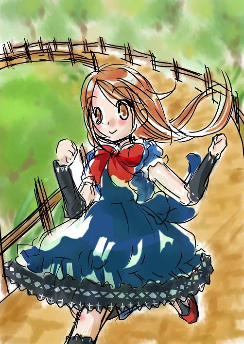 dorothy gale, dorothy gale (riz-zoawd), media.vision, riz-zoawd, the wizard of oz, artist request, 1girl, artist name, blue dress, bow, bowtie, brown eyes, brown hair, dress, female focus, long hair, long skirt, skirt