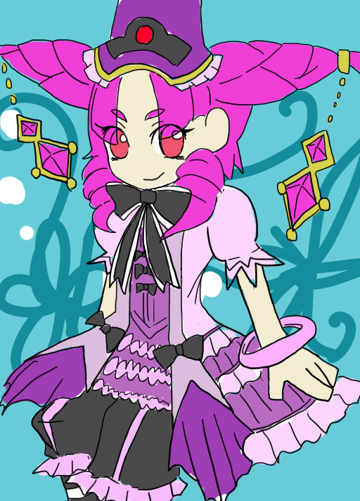 flora (riz-zoawd), riz-zoawd, the wizard of oz, 1girl, bow, female focus, gem, hat, hat bow, pink hair, skirt, smile, solo, solo focus, twintails, witch, witch hat