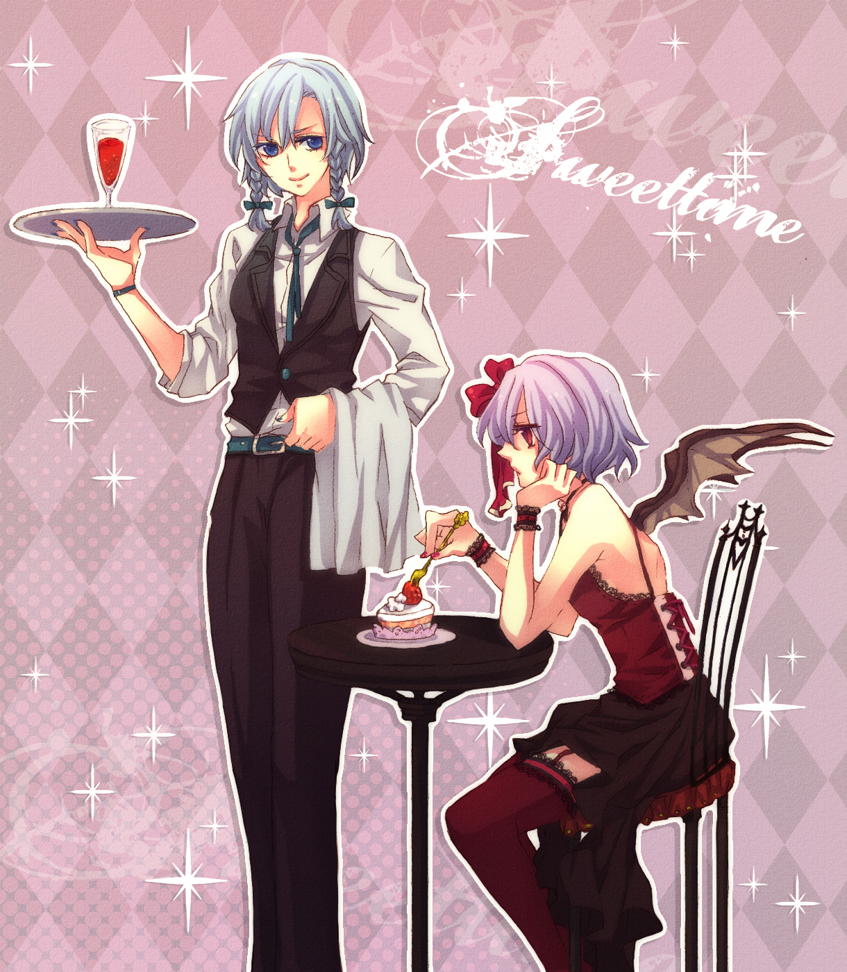 maco (munya), izayoi sakuya, remilia scarlet, touhou, light purple hair, silver hair, highres, 2girls, androgynous, bat wings, blue eyes, braid, butler, cake, crossdressing, crossdressing (ftm), cup, drinking glass, female butler, female focus, food, fork, formal clothes, garter straps, multiple girls, pant suit, pants, pastry, red eyes, reverse trap, short hair, suit, thighhighs, tray, twin braids, wine glass, wings