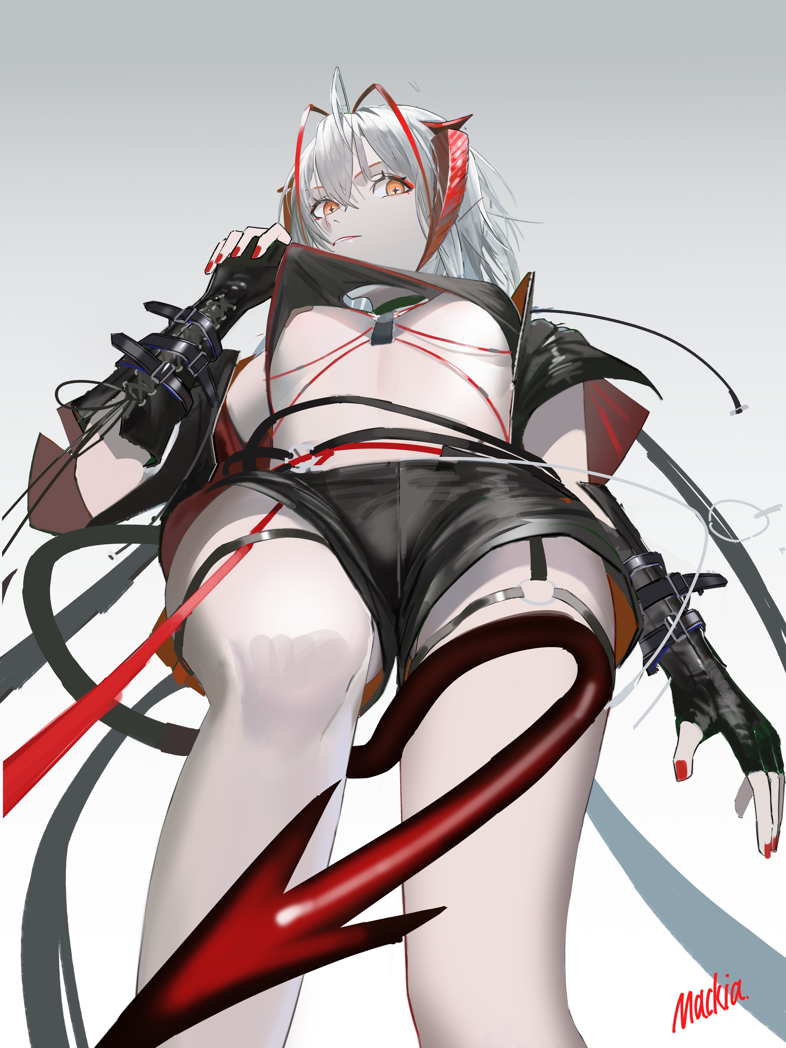 mackia, w (arknights), wis'adel (arknights), arknights, absurdres, commentary, highres, 1girl, antenna hair, artist name, black gloves, black shorts, black shrug, black tube top, breasts, clothes pull, covered erect nipples, cowboy shot, cross-shaped pupils, demon girl, demon horns, demon tail, from below, gloves, gradient background, grey background, grey hair, horns, looking to the side, medium breasts, midriff, open clothes, orange eyes, parted lips, pasties, pulling own clothes, red horns, red nails, red tail, shorts, shrug (clothing), solo, strapless, symbol-shaped pupils, tail, tape, tape on nipples, thigh strap, tube top, underboob