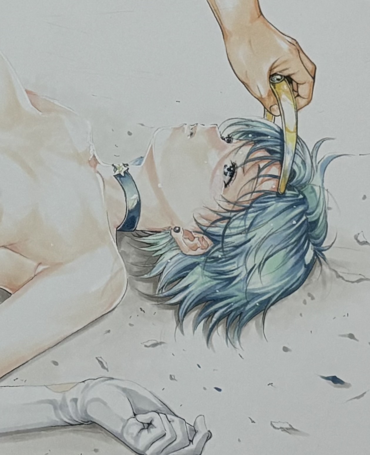 katsu (24791909), mizuno ami, sailor mercury, bishoujo senshi sailor moon, commentary request, cropped, highres, marker (medium), traditional media, 1boy, 1girl, blue choker, blue eyes, blue hair, breasts, choker, circlet, collarbone, defeat, earrings, gloves, jewelry, lying, nude, on back, parted lips, removing headwear, short hair, solo focus, upper body, white gloves