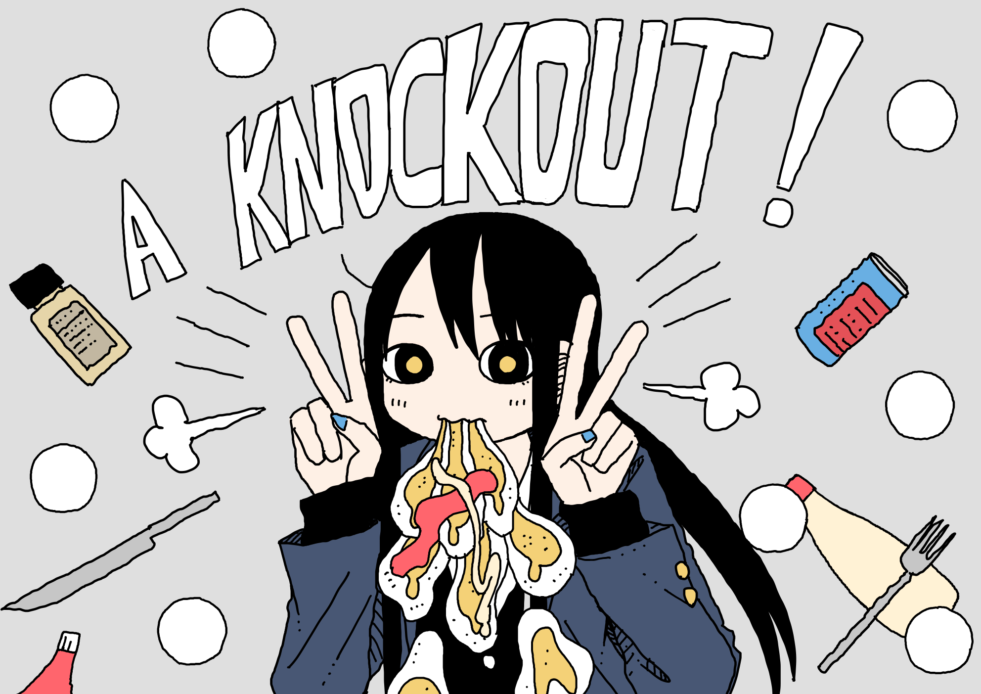 abe tomomi, original, highres, black eyes, black hair, bubble tea, circle, cloud, double v, grey background, long hair, long sleeves, selfie, solo, upper body, v, yellow eyes