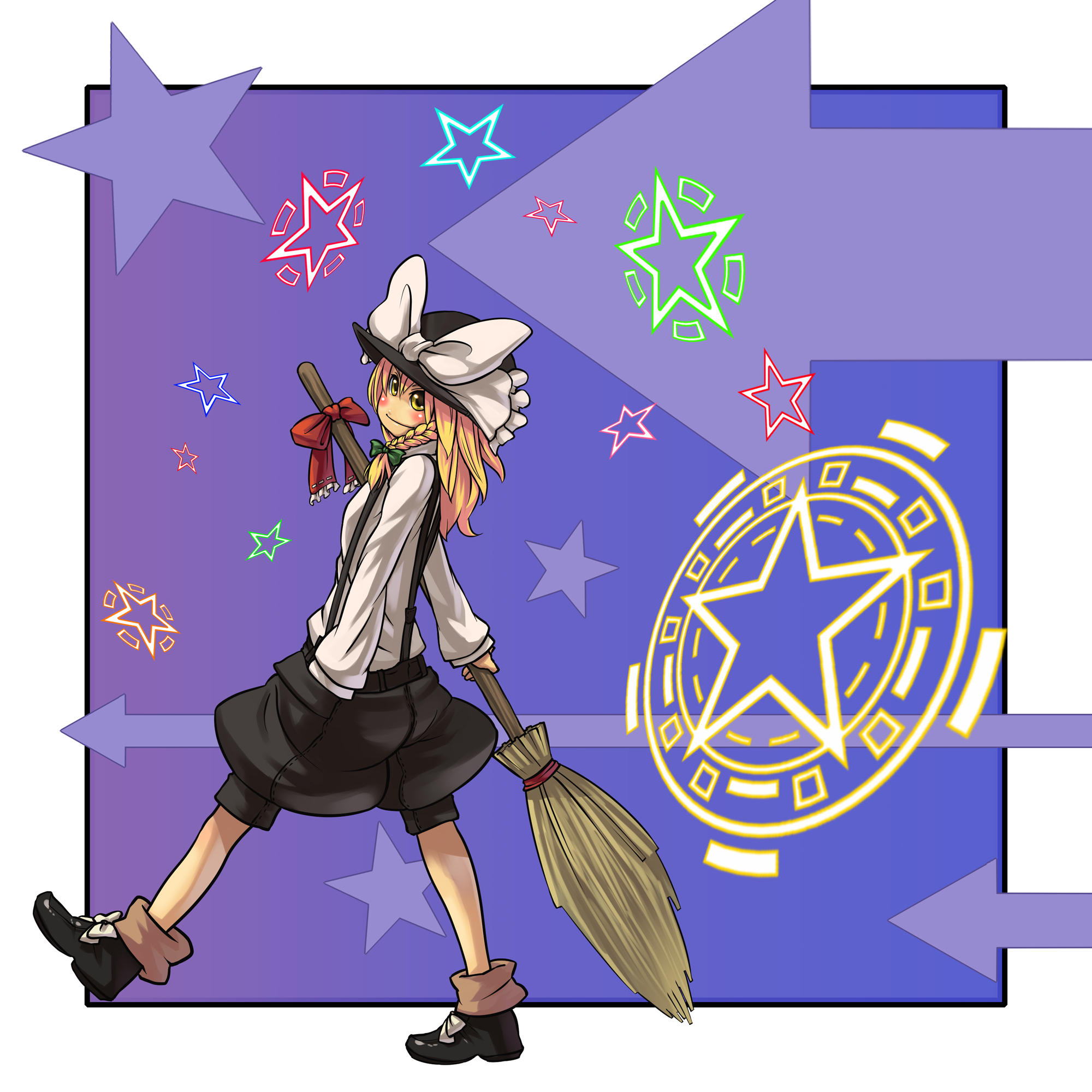 hijiri (pixiv), hijirisu (spity), kirisame marisa, touhou, highres, 1girl, blonde hair, braid, broom, female focus, hat, short hair, solo, witch, witch hat, yellow eyes