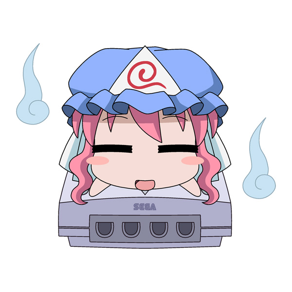 hatomugisan, saigyouji yuyuko, sega, touhou, 1girl, = =, blush stickers, chibi, closed eyes, embers, female focus, game console, hat, mob cap, open mouth, parody, personification, pink hair, product placement, sega dreamcast, simple background, solo, white background