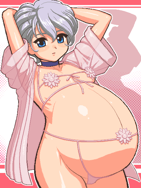 tenseiani, reni milchstrasse, sakura taisen, silver hair, 00s, blue eyes, choker, grey hair, lingerie, oekaki, pregnant, see-through clothes, underwear