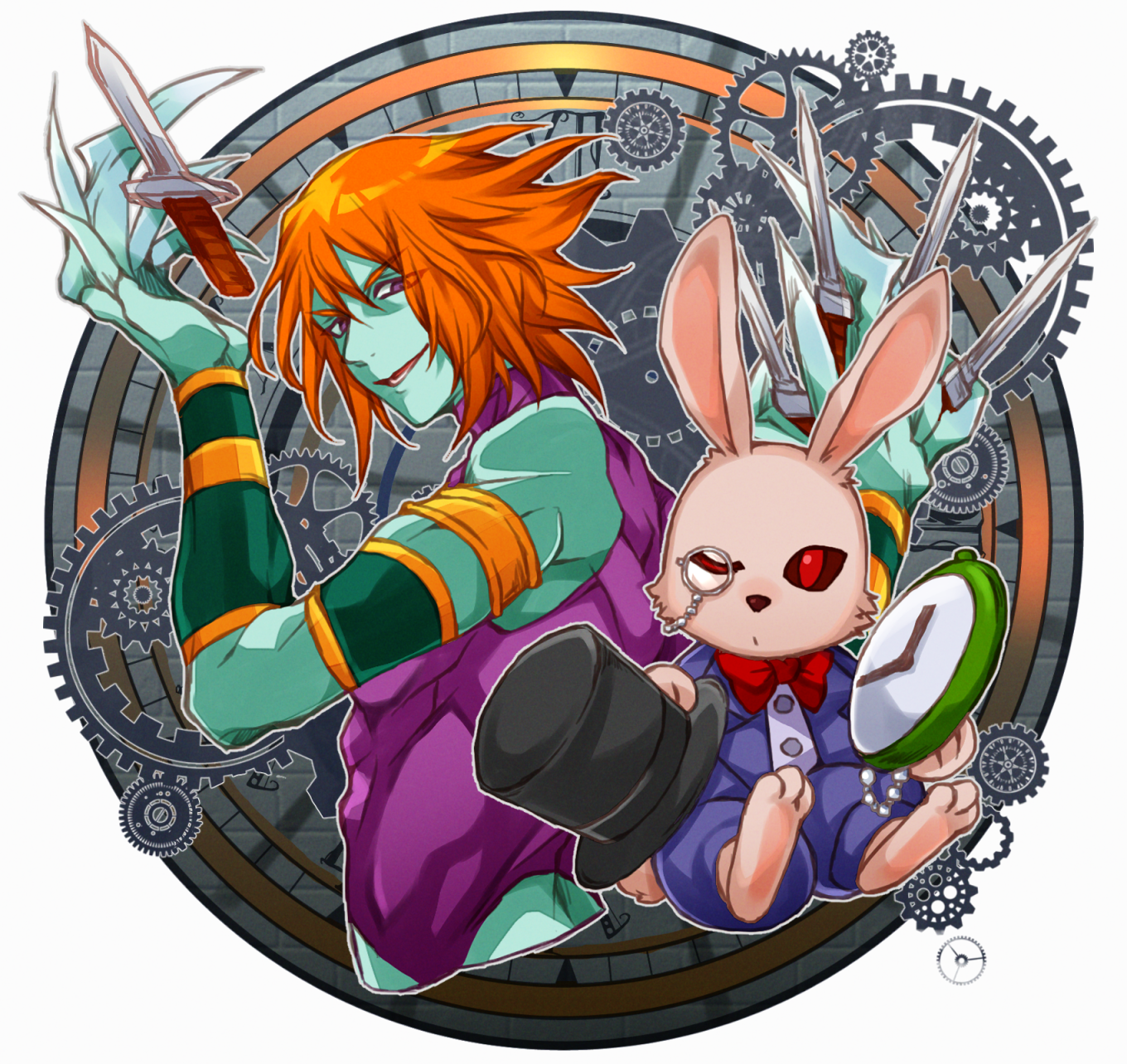 user pjdc3332, zephyr (castlevania), castlevania: aria of sorrow, castlevania: dawn of sorrow, castlevania (series), highres, 2boys, armor, blue pants, bow, bowtie, chronomage, claws, clock, colored skin, evil smile, gears, green skin, hat, holding, holding stopwatch, holding unworn clothes, holding unworn hat, knife, looking at viewer, monocle, multiple boys, one eye closed, orange hair, pants, pink fur, purple armor, purple eyes, rabbit, red bow, red bowtie, red eyes, roman numeral, smile, stopwatch, top hat, unworn hat, unworn headwear, vest, waistcoat, watch