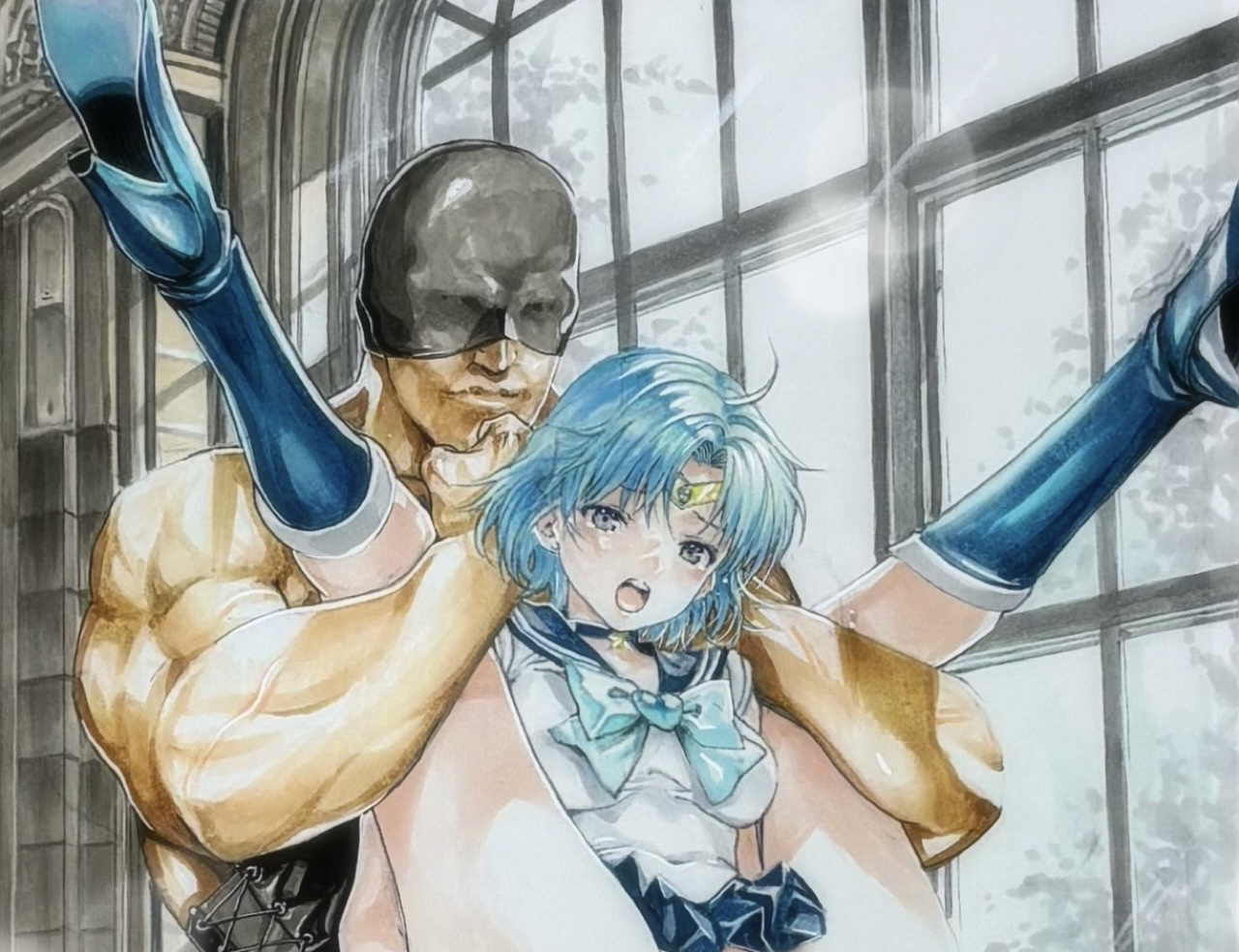 katsu (24791909), mizuno ami, sailor mercury, bishoujo senshi sailor moon, commentary request, cropped, marker (medium), paid reward available, traditional media, 1boy, 1girl, ahoge, blue boots, blue choker, blue eyes, blue ribbon, blue sailor collar, blue skirt, boots, breasts, brooch, choker, circlet, closed mouth, covered navel, faceless, faceless male, full nelson, half mask, heart, heart brooch, hetero, high heel boots, high heels, indoors, jewelry, knee boots, leg grab, legs over head, lifting person, looking at viewer, mask, neck ribbon, open mouth, out-of-frame censoring, parted bangs, reverse suspended congress, ribbon, sailor collar, sailor senshi uniform, sex from behind, shirt, short hair, skirt, small breasts, tearing up, teeth, thighs, upper teeth only, white shirt, window