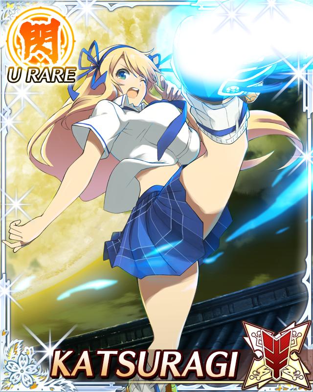 katsuragi (senran kagura), senran kagura, senran kagura new wave, game cg, official art, third-party source, 1girl, :o, armored boots, blonde hair, blue necktie, blue ribbon, blue sky, boots, border, breasts, card (medium), character name, full moon, green eyes, hair ribbon, large breasts, long hair, midriff, moon, necktie, night, night sky, on roof, one eye closed, plaid clothes, plaid skirt, ribbon, roundhouse kick, shirt, skirt, sky, solo, teeth, upper teeth only, very long hair, white shirt