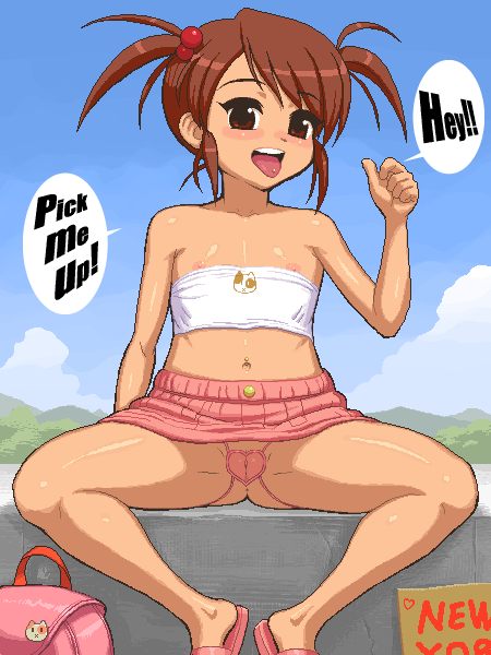 tenseiani, coquelicot (sakura taisen), sakura taisen, sakura taisen iii, aliasing, translated, 00s, 1girl, bag, blush, cameltoe, clothes pull, english text, female focus, flat chest, hitchhiking, loli, looking at viewer, miniskirt, navel piercing, nipple slip, nipples, oekaki, open mouth, outdoors, piercing, shirt pull, skirt, small nipples, smile, solo, spread legs, strapless, tongue piercing, tube top, twintails