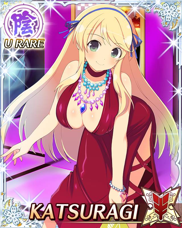 katsuragi (senran kagura), senran kagura, senran kagura new wave, game cg, official art, third-party source, 1girl, bent over, blonde hair, blue ribbon, border, bracelet, breasts, card (medium), character name, choker, cleavage, closed mouth, dress, green eyes, hair ribbon, jewelry, large breasts, long hair, looking at viewer, multiple necklaces, pearl bracelet, red choker, red dress, ribbon, smile, solo, very long hair