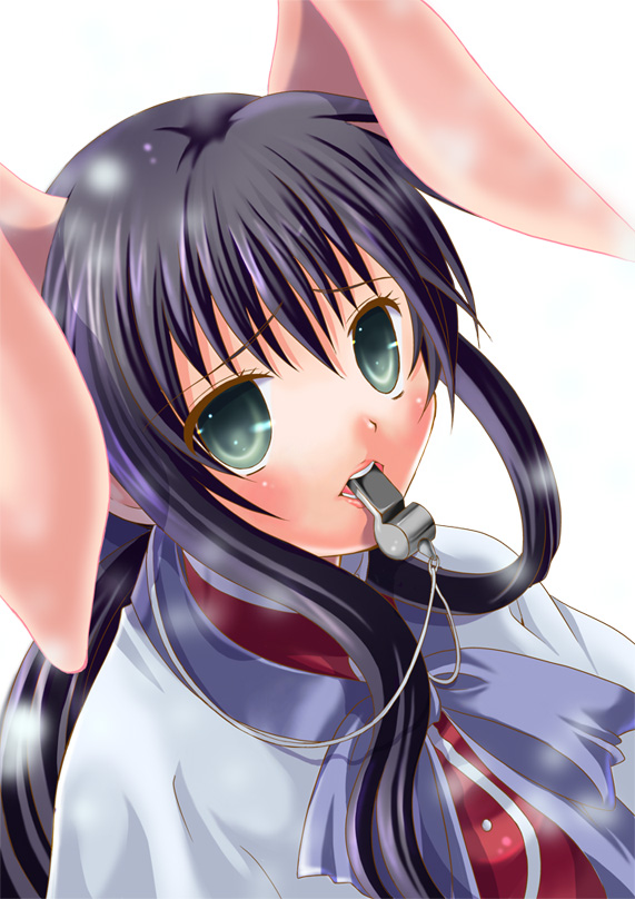 mako (lovely panda house), kawasumi mai, kanon, bad id, bad pixiv id, animal ears, black hair, green eyes, long hair, mouth hold, rabbit ears, whistle