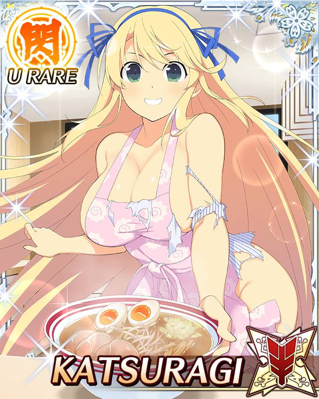 katsuragi (senran kagura), senran kagura, senran kagura new wave, game cg, official art, third-party source, 1girl, apron, blonde hair, blue ribbon, border, breasts, card (medium), char-siu, character name, cleavage, food, food print, green eyes, grin, groin, hair ribbon, kamaboko, large breasts, leaning forward, long hair, naked apron, narutomaki, noodles, pink apron, ramen, ribbon, serving, shirt, smile, softboiled egg, solo, torn clothes, torn shirt, very long hair