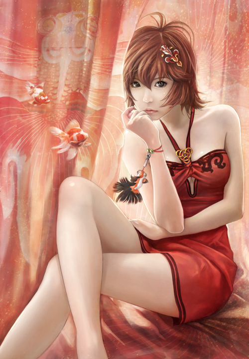 eat, eat0123, ponyo, gake no ue no ponyo, studio ghibli, 00s, 1girl, aged up, bare shoulders, brown hair, child, crossed legs, dress, female focus, fish, hair ornament, head rest, legs, lips, photorealistic, realistic, red dress, red skirt, short hair, sitting, skirt, solo