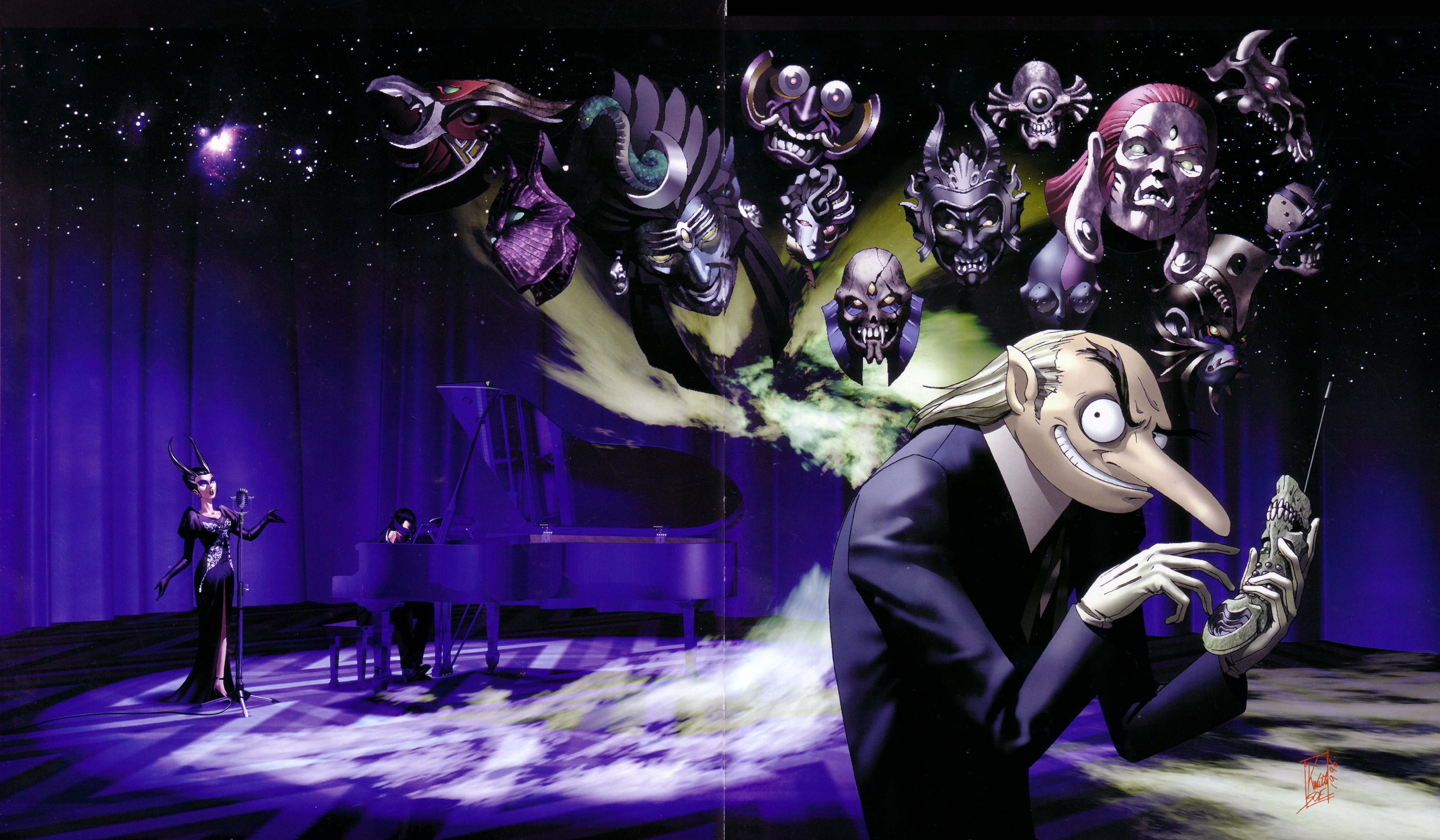 igor (persona), atlus, persona, persona 2, absurdres, character request, highres, scan, 1girl, 2boys, bald, black hair, cellphone, gloves, instrument, long nose, looking at viewer, multiple boys, music, old, old man, phone, piano, pointy ears, singing, sky, star (sky), starry sky, velvet room, white hair