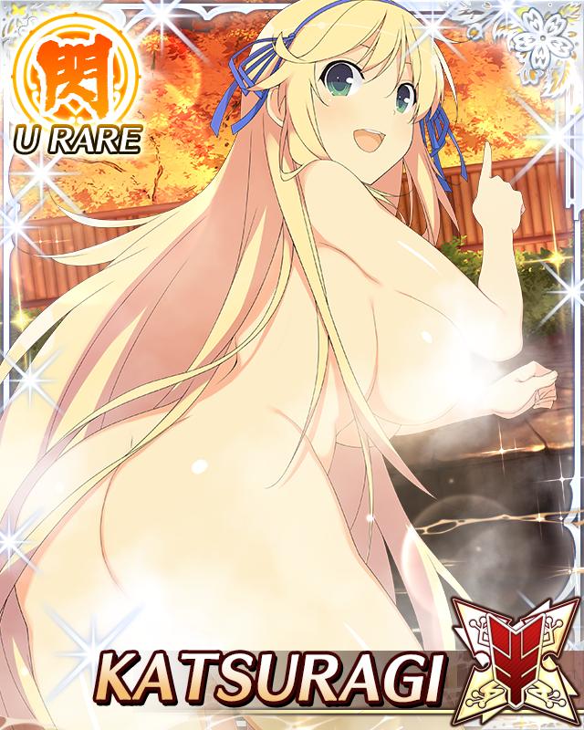 katsuragi (senran kagura), senran kagura, senran kagura new wave, game cg, official art, third-party source, 1girl, :d, ass, autumn leaves, bath, blonde hair, blue ribbon, border, breasts, butt crack, card (medium), character name, completely nude, convenient censoring, fence, from behind, green eyes, hair ribbon, large breasts, leaf, long hair, looking at viewer, looking back, nude, onsen, open mouth, partially submerged, pointing, pointing at object, ribbon, smile, solo, steam, steam censor, very long hair, wading, water, wet