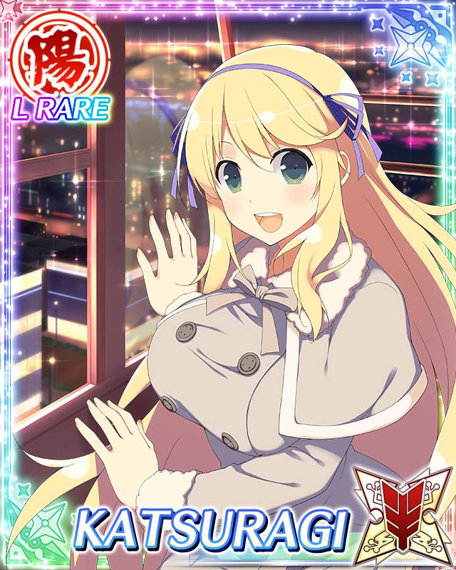 katsuragi (senran kagura), senran kagura, senran kagura new wave, game cg, official art, third-party source, 1girl, :d, against glass, blonde hair, blue ribbon, border, breasts, capelet, card (medium), character name, city, city lights, cityscape, coat, ferris wheel, ferris wheel interior, fur-trimmed capelet, fur trim, green eyes, grey coat, hair ribbon, hand on glass, large breasts, long hair, looking at viewer, looking outside, night, open mouth, pov dating, ribbon, sitting, smile, solo, teeth, upper teeth only, very long hair, winter clothes, winter coat